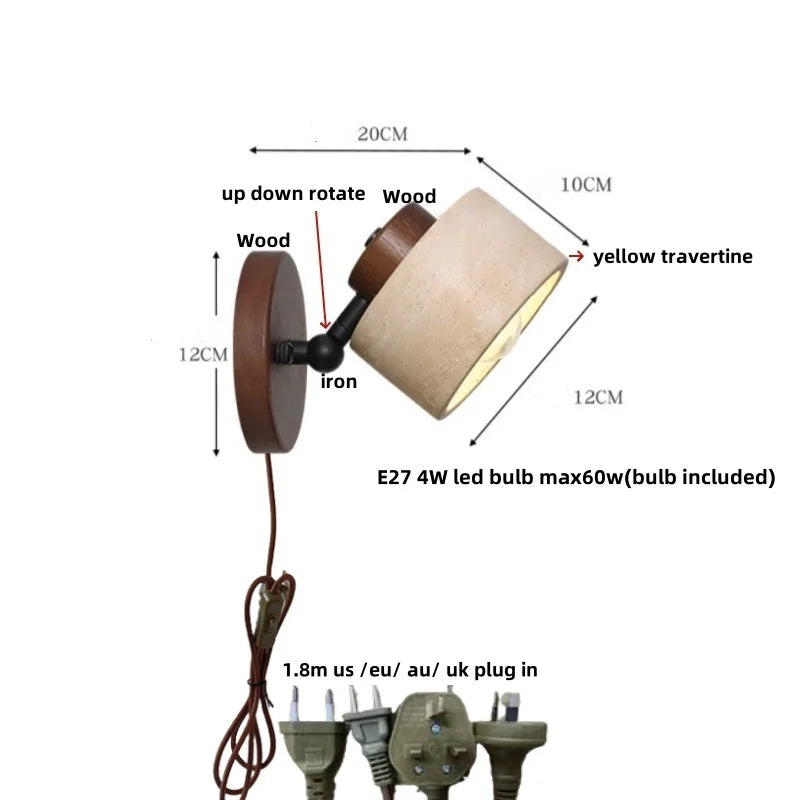 Decorbites™ LED Wandlampe Eisen Drehbar Küche Schlafzimmer Flur Gelber Travertin Holz Spiegel Licht