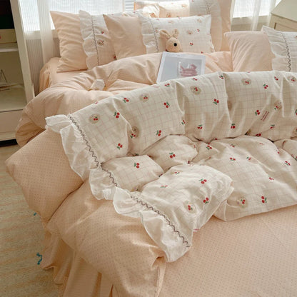 Decorbites™ Baumwoll-Bettwäsche-Set Kleine Blumenmuster Prinzessin - Queensize - Daunendeckelbezug Bettlaken Bettrock Kissenbezüge