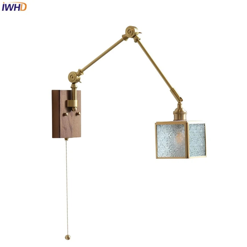 DecorBites™ Cube Glass LED Wall Sconce Walnut Wood 2 Arms Rotatable Mirror Light