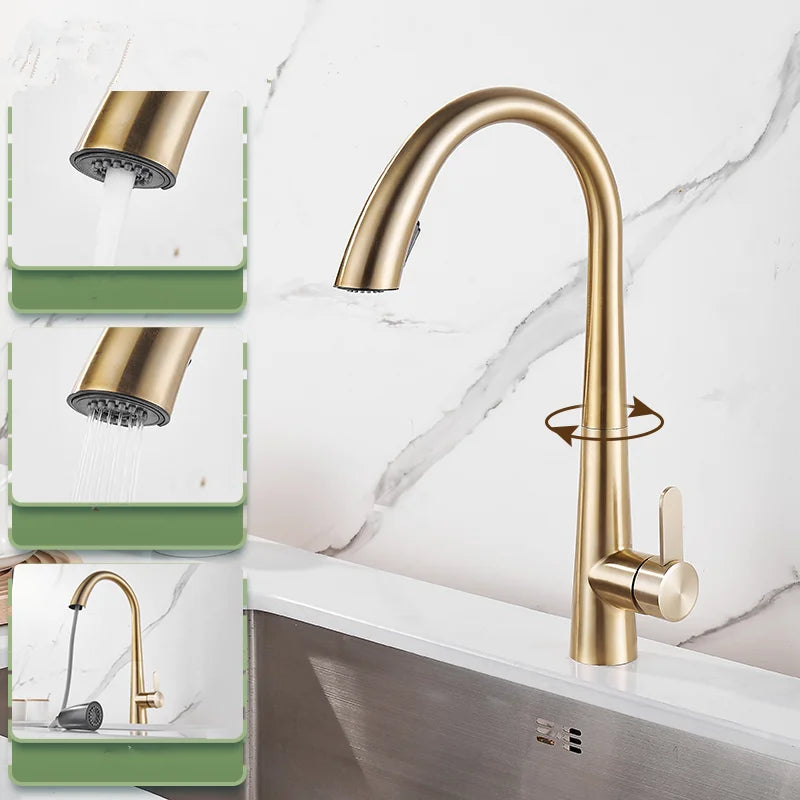 Decorbites™ Schwarz gebürsteter Gold Küchenarmatur mit herausziehbarem Feder-Auslauf