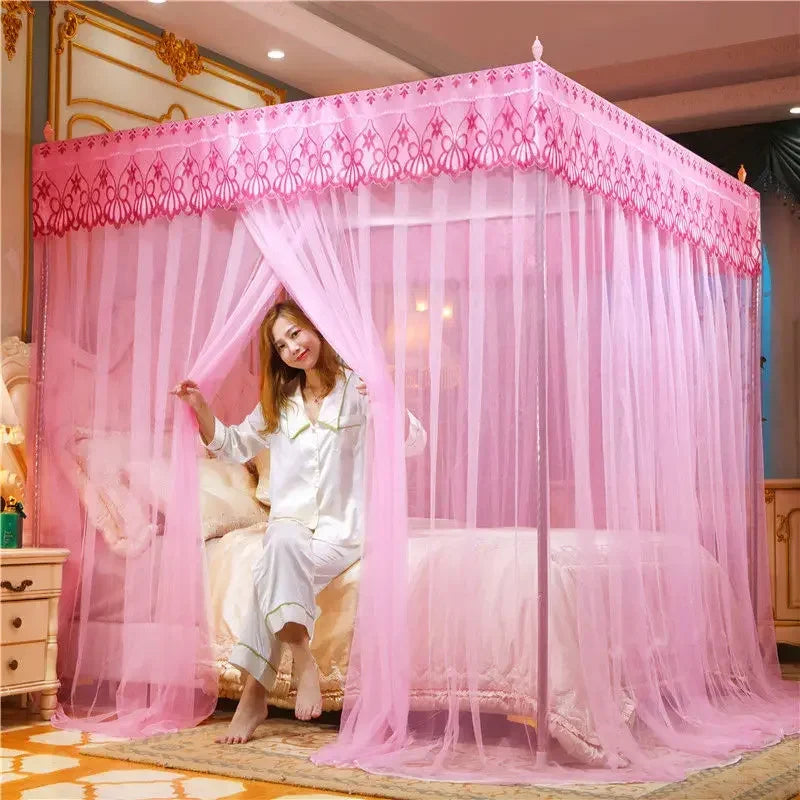 DecorBites™ Lace Pleated Queen Bed Net Canopy with Stainless Steel Bracket