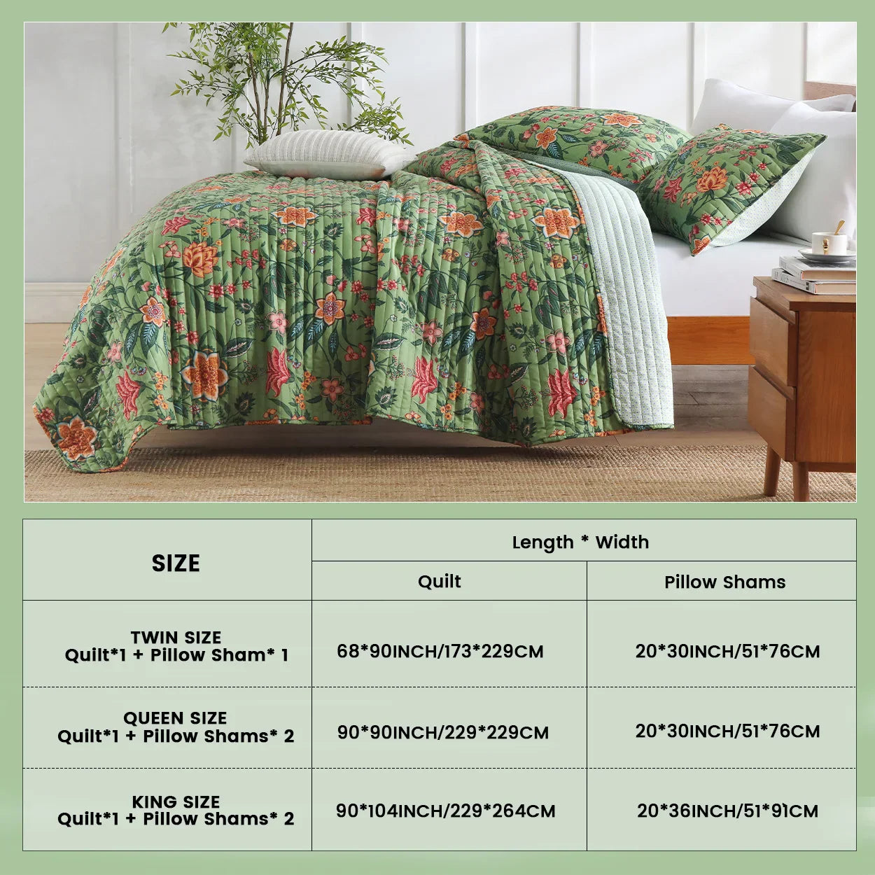 Decorbites™ Grünes Blumenmuster-Bettwäsche-Set 3-teilig, überdimensioniert mit Kissenbezügen
