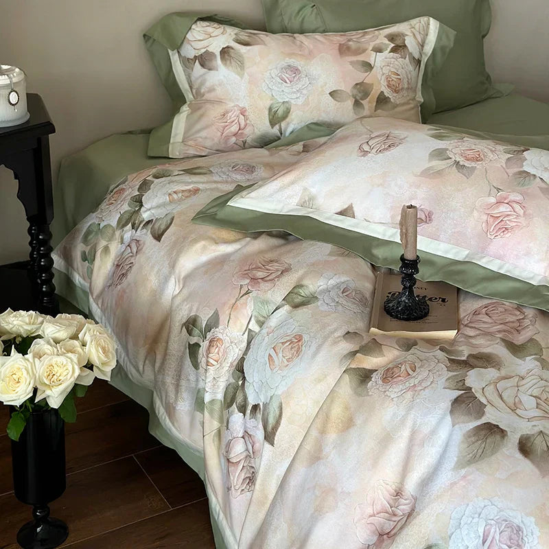 Decorbites™-Ägyptische-Baumwoll-Bettwäsche-Set mit französischem Rosenblumenmuster und vintage Charme