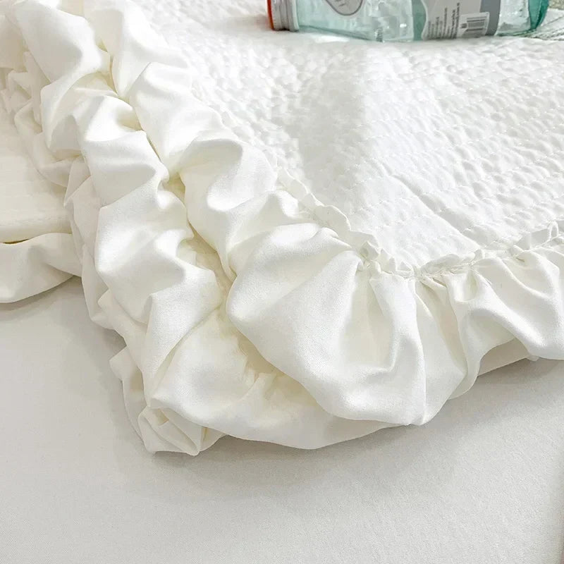 DecorBites™ Fresh Flower Embroidered Summer Quilt Set - Lightweight Ruffled Comforter