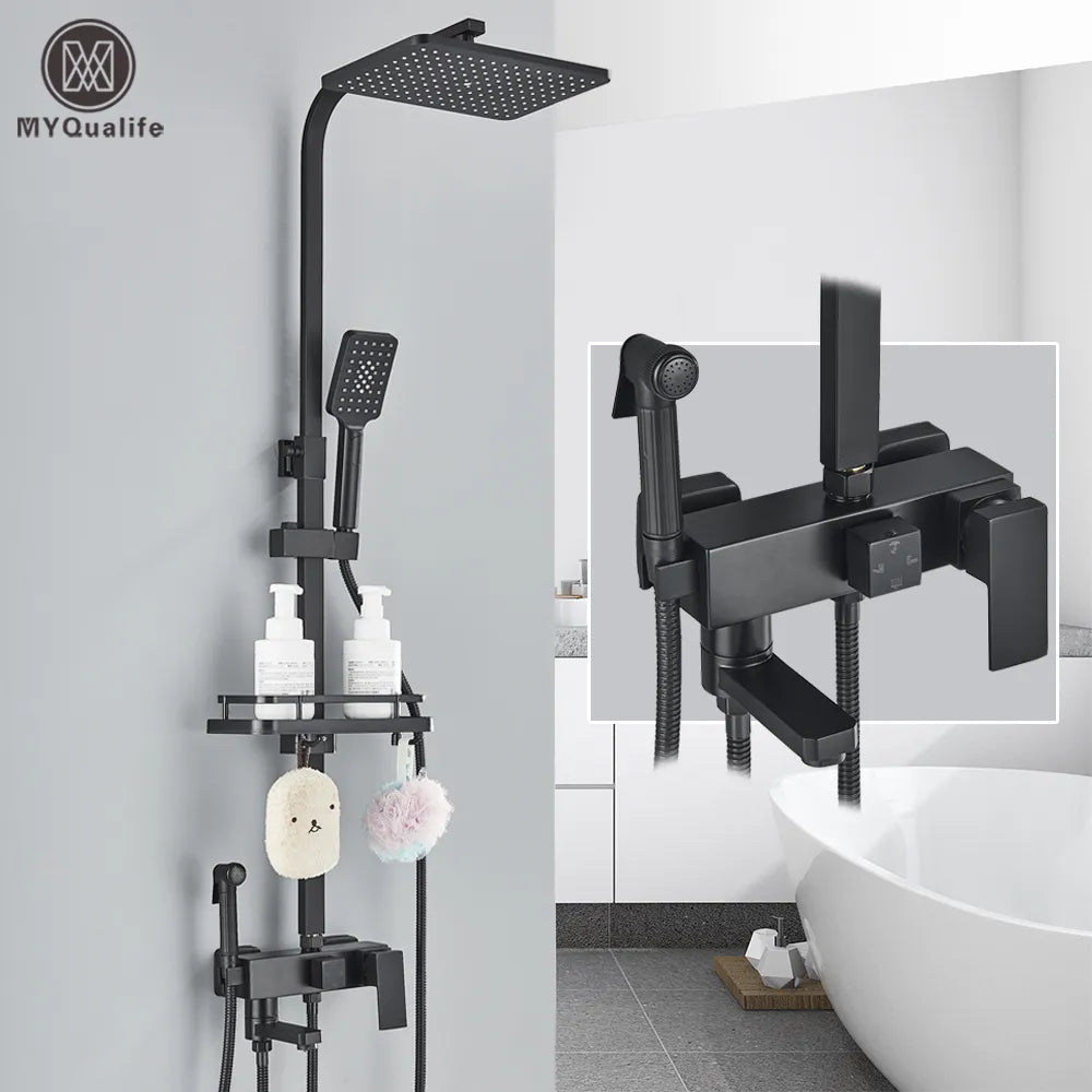 Decorbites™ Schwarzes Messing-Duscharmatur-Set Regendusche Badewannenarmatur mit Badezimmerregal