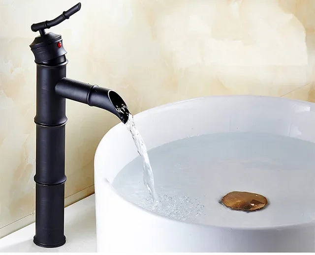 Decorbites™ Schwarze Bronze Wasserfallarmatur Bambus Badezimmer Waschtischarmatur Hoher Bogen Mischer