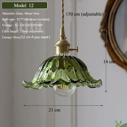 Vintage Green Glass Pendant Light With Brass Finish