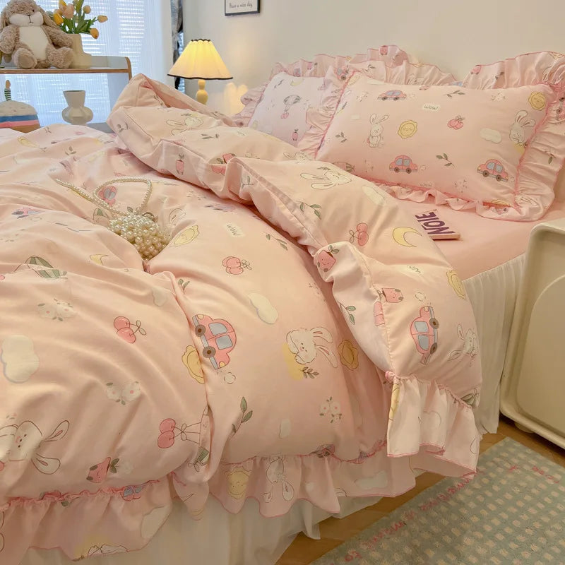 Decorbites™ Koreanische Prinzessin Blumenmuster-Bettwäsche-Set aus gewaschener Baumwolle für Mädchen