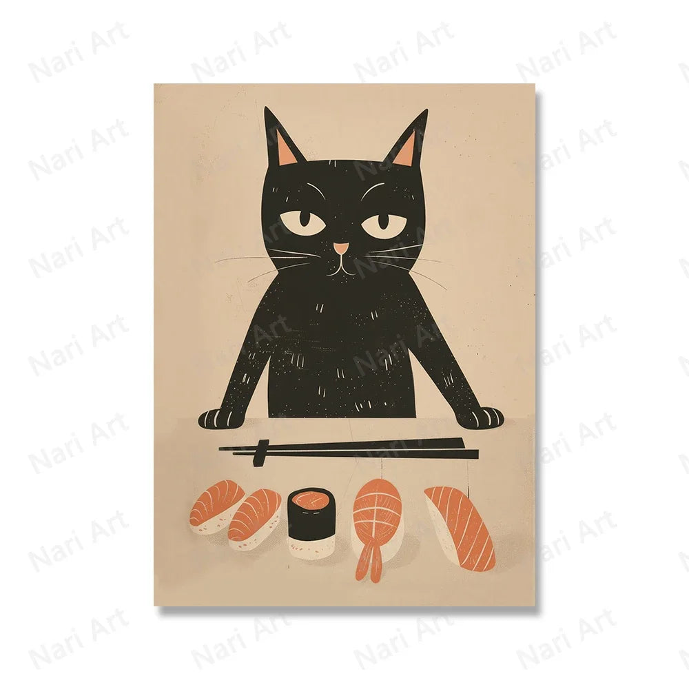 Cute Animal Japanese Sushi Chef Black Cat Vintage Wall Art, HD Canvas Print Poster, Home, Living Room, Room Decoration