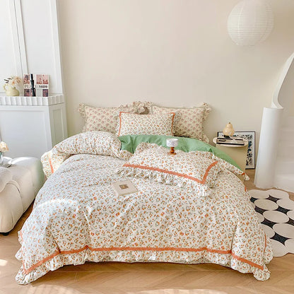 Decorbites™ Französisches Blumenbettwäsche-Set, 100% Baumwolle, Rüschen, Daunendeckelbezug, Bettlaken, Kissenbezüge