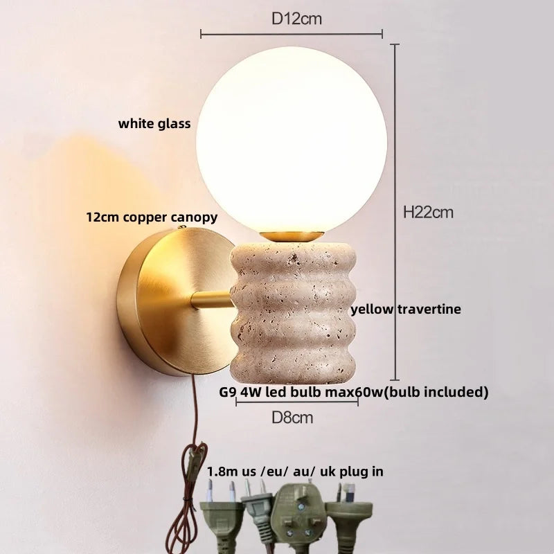 DecorBites™ LED Wall Light Fixture Yellow Travertine Stone Modern Bedside Lamp