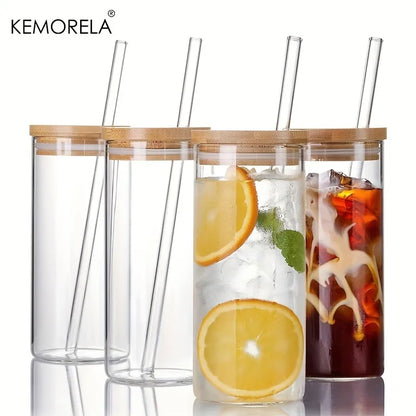 Decorbites™ 4-teiliges Set klare Glas-Tumbler-Becher mit Bambusdeckeln und Strohhalmen - 600 ml