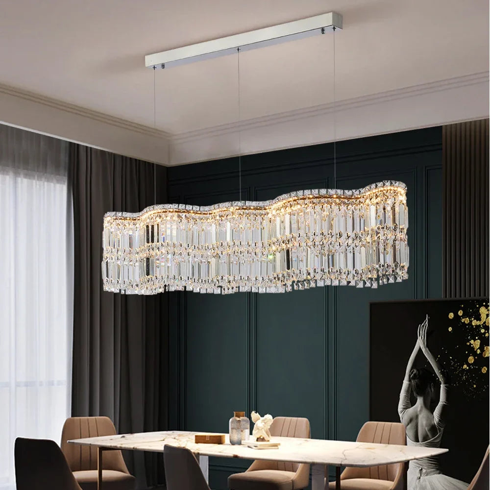 Modern Linear Crystal Pendant Light In Brushed Stainless