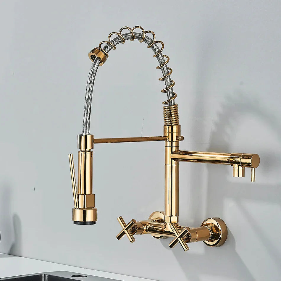 Gold Black Wall Faucet With Dual Swivel Spouts