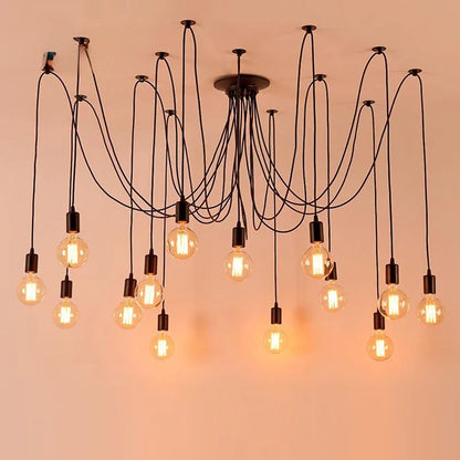 Black Industrial Spider Pendant Light, 6-Light Iron