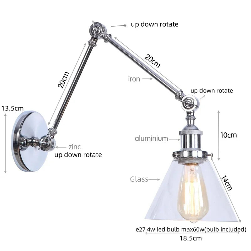 Decorbites™ Industrielles Loft Schwenkarm-LED-Wandleuchte Glas Vintage Spiegel-Lampe