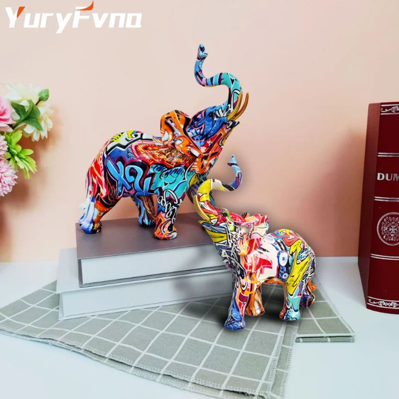 Decorbites™ Elefanten-Skulptur: Nordische Malerei Graffiti Harz-Kunstfigur & Heimdekoration Handwerk