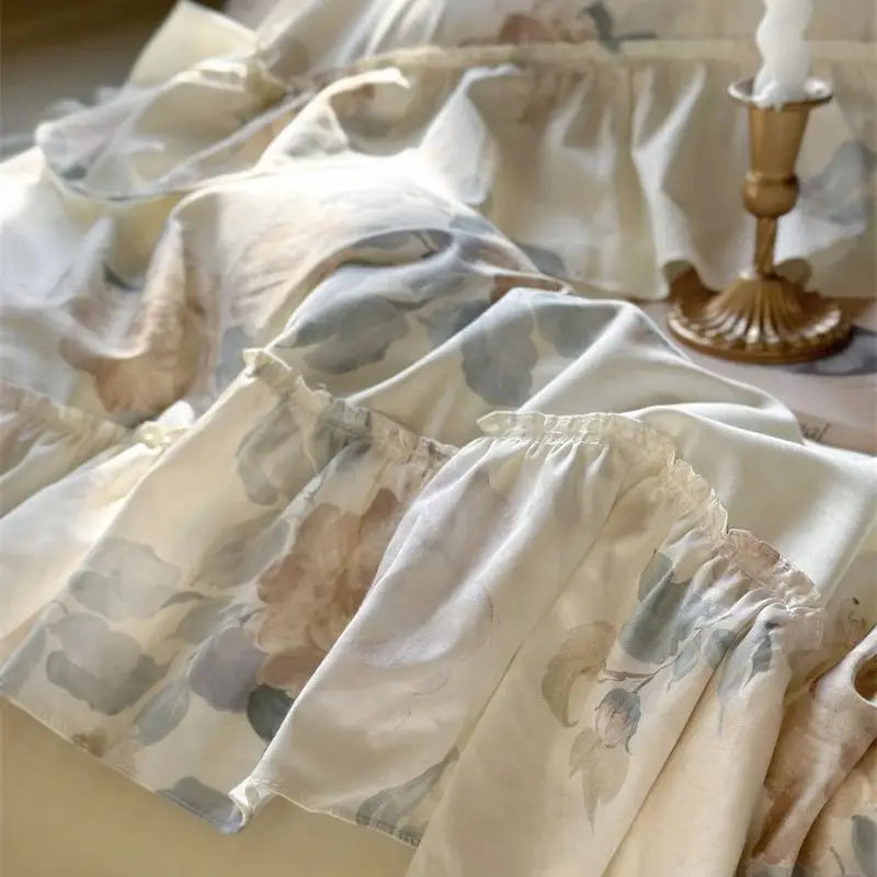 DecorBites™ French Rose Flowers Print Bedding Set, Elegant Ruffles Princess Collection