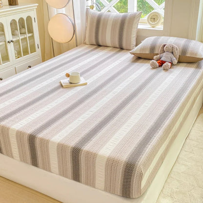 DecorBites™ Cotton Jacquard Fitted Sheet Set with 2 Pillowcases, Dustproof & Anti-Slip