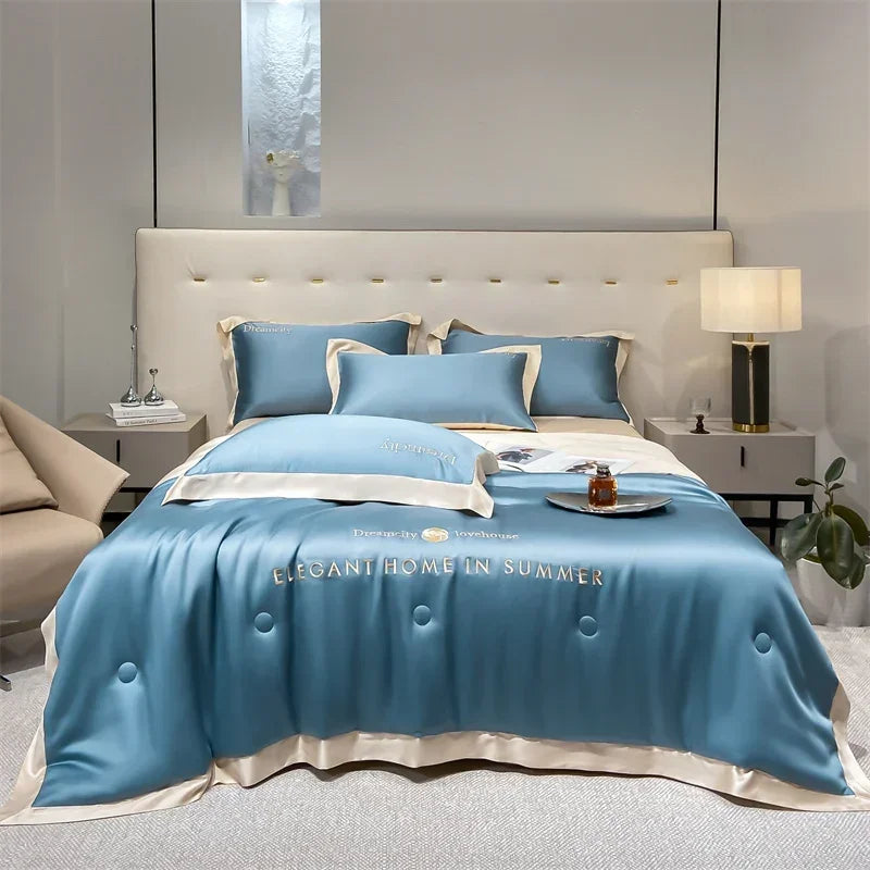 DecorBites™ Ice Silk Embroidered Quilt Set: Luxury European Style, Cooling Comforter