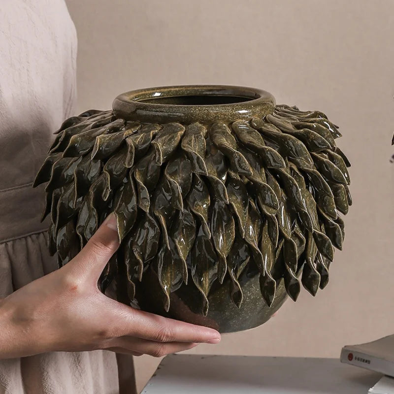 Decorbites™ Blattrelief-Keramikvase: Handgefertigter 3D-Blumenarrangement-Topf