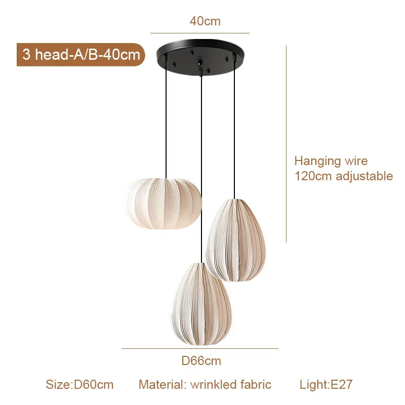Pleated Fabric Pendant Light Wabi Sabi 3-Head