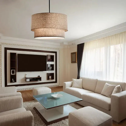 Decorbites™ Doppel-Leinen-Stoff-Hängelampe Trommel-Lampe – Skandinavischer Stil für Esszimmer, Schlafzimmer, Restaurant