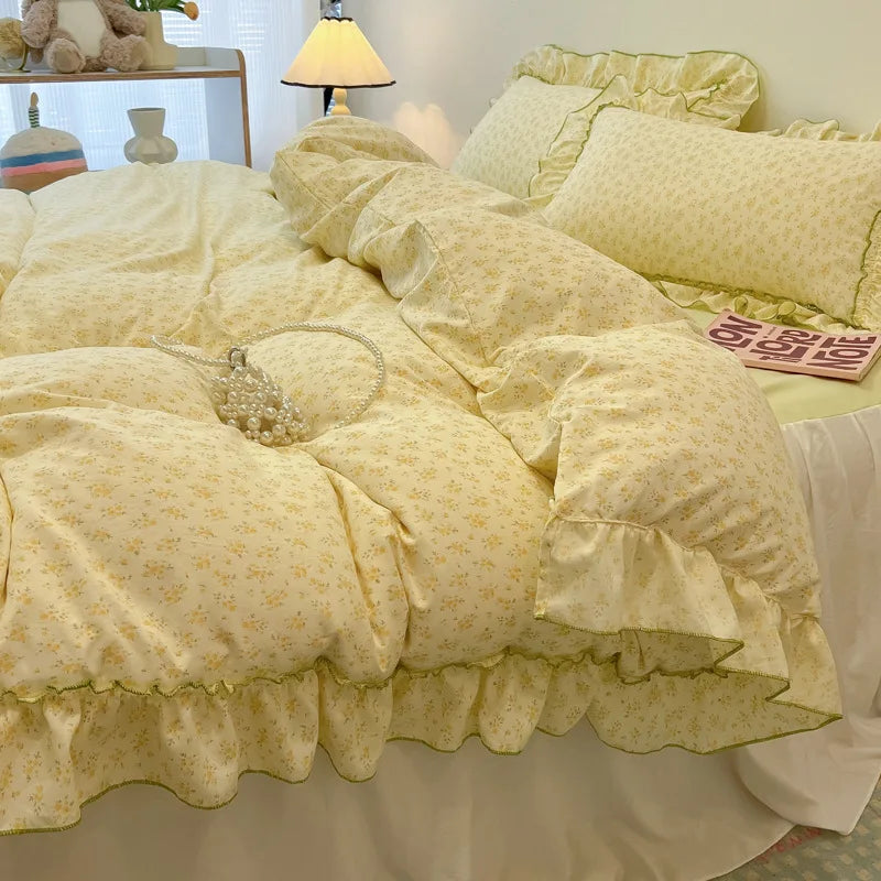 Decorbites™ Koreanische Prinzessin Blumenmuster-Bettwäsche-Set aus gewaschener Baumwolle für Mädchen