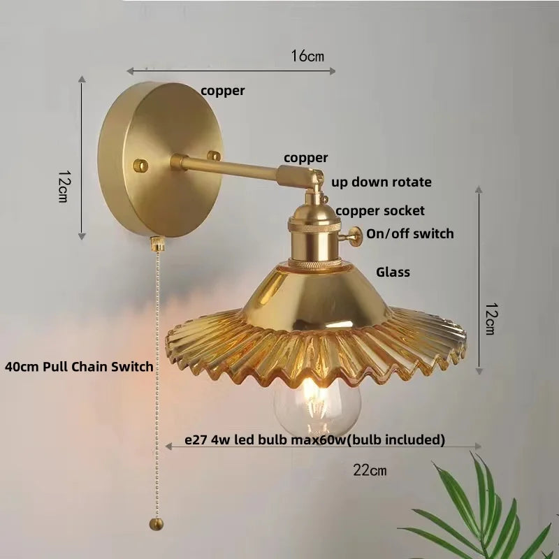 Decorbites™ Grüne Glas-LED-Wandleuchten mit Zugschalter - Vintage-Kupfer-Wandleuchte