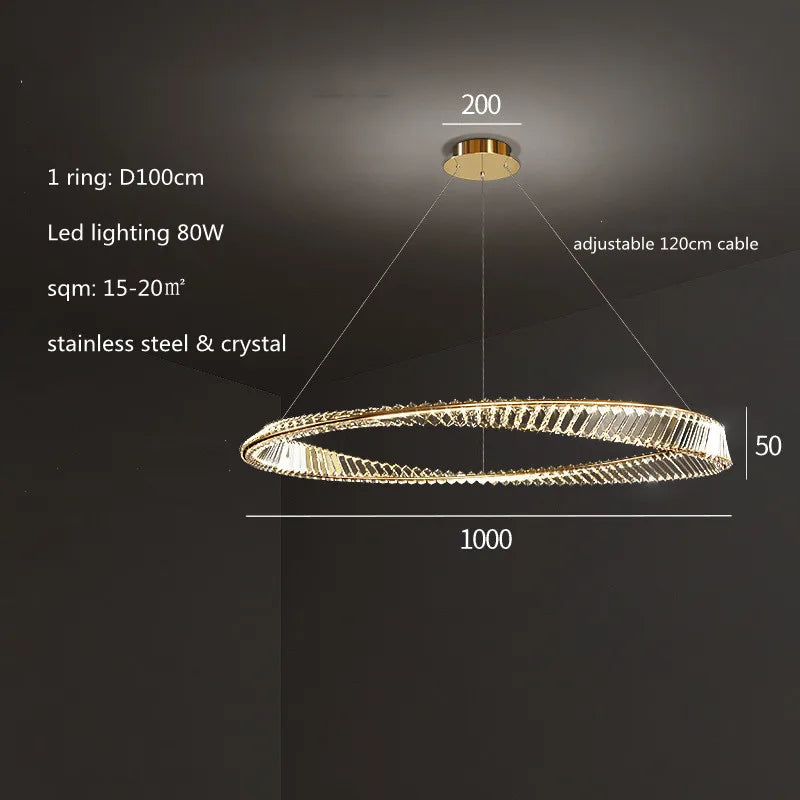 DecorBites™ Gold Plated Steel Ring Pendant Lamp with Dimmable LED Lights and K9 Crystals