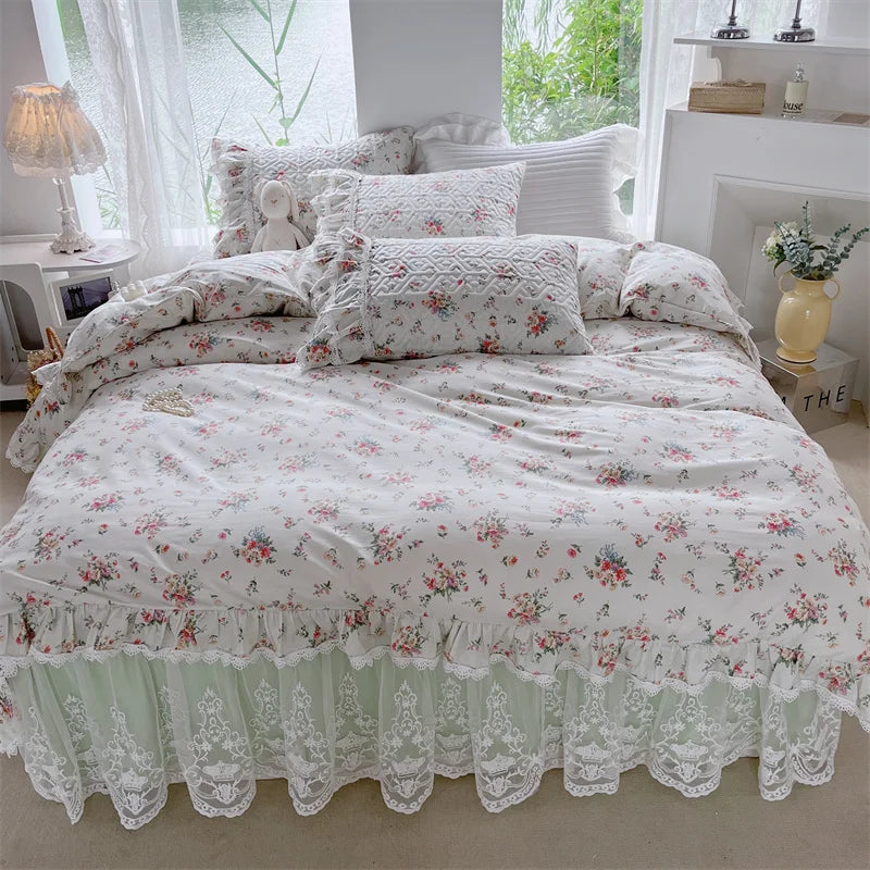 DecorBites™ French Floral Print Bedding Set: Duvet Cover, Lace Ruffles, Quilted Embroidery, Pillowcases