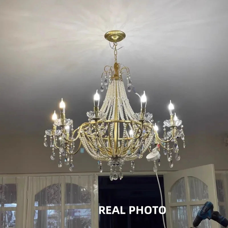 Gold Crystal Pearl Chandelier Iron D98cm