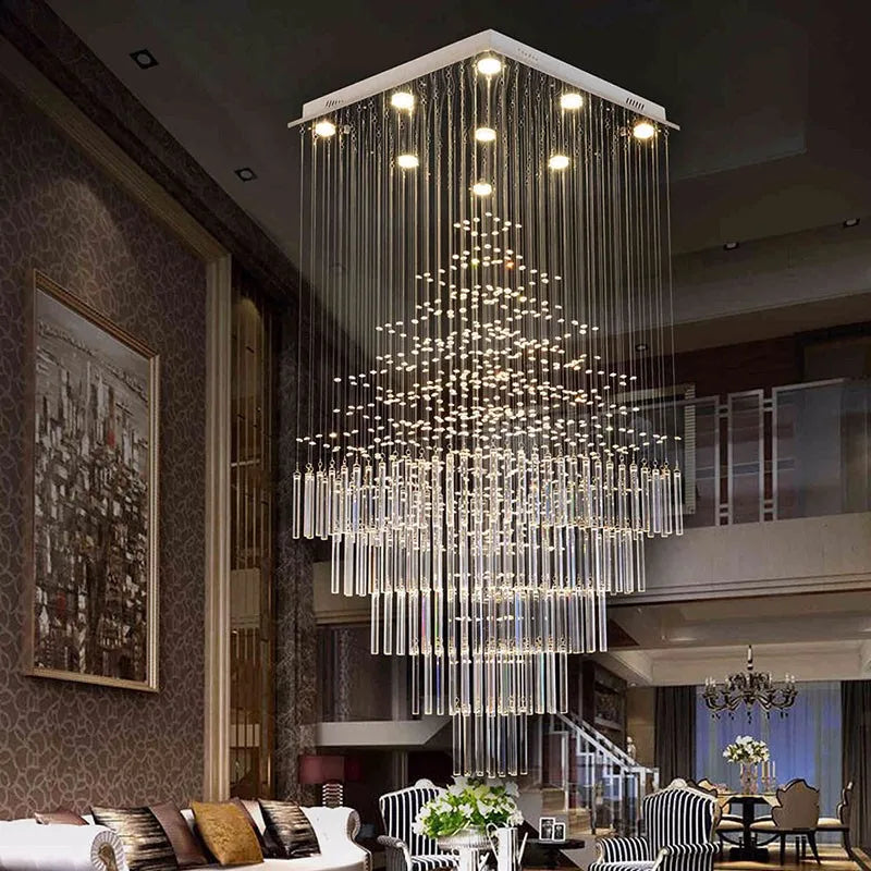 DecorBites™ Crystal Columnar Chandelier: Modern Square Base Hanging Lamp for Living Room, Stair, Loft