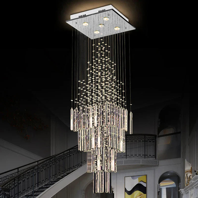 DecorBites™ Crystal Columnar Chandelier: Modern Square Base Hanging Lamp for Living Room, Stair, Loft