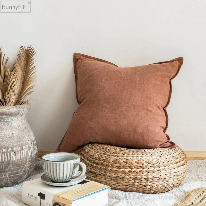 DecorBites™ Linen Pillow Cover 45x45cm Plain Fringed for Home Sofa Bed Decoration