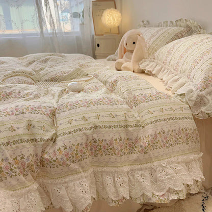 Decorbites™ Koreanische Prinzessin-Stil Blumen-Spitzen-Volants-Bettwäsche-Set mit Kissenbezug