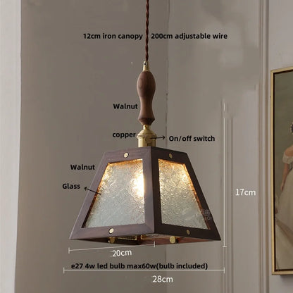 DecorBites™ Glass LED Pendant Lamp Walnut Wood Brass Hanging Lights