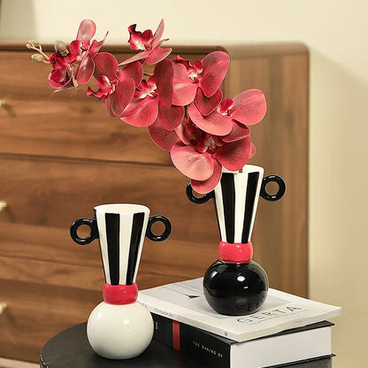 DecorBites™ Geometric Stripes Ceramic Vase Black & White Home Decor