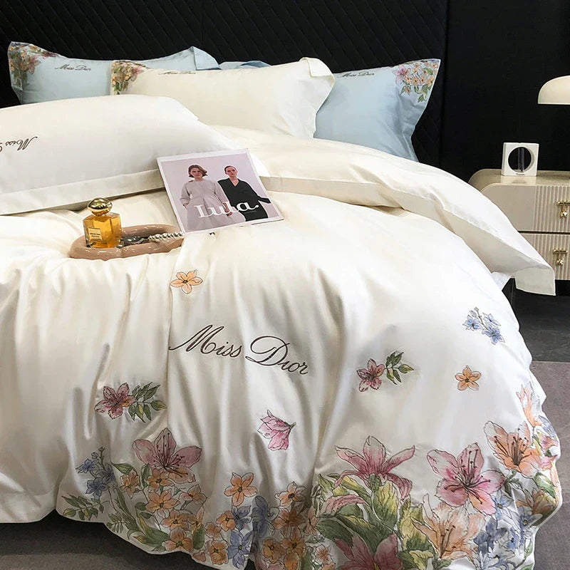 DecorBites™ Egyptian Cotton Flowers Embroidery Luxury Bedding Set - Queen King Size