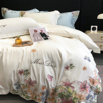 DecorBites™ Egyptian Cotton Flowers Embroidery Luxury Bedding Set - Queen King Size