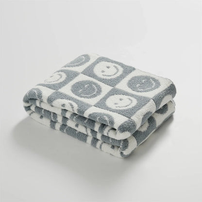DecorBites™ Knitted Checkboard Smile Face Design Fluffy Blanket - Spring Violet Pink Gray Blanket