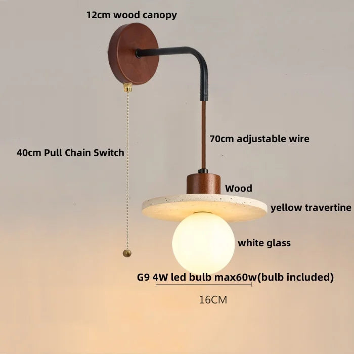 DecorBites™ LED Wall Lamp Pull Chain Switch Wood Nordic Modern Yellow Travertine Mirror Light