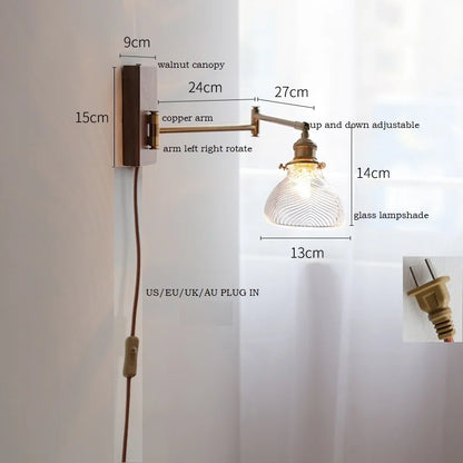 DecorBites™ Clear Glass Copper LED Wall Light with Pull Chain Switch & Walnut Wood Canopy
