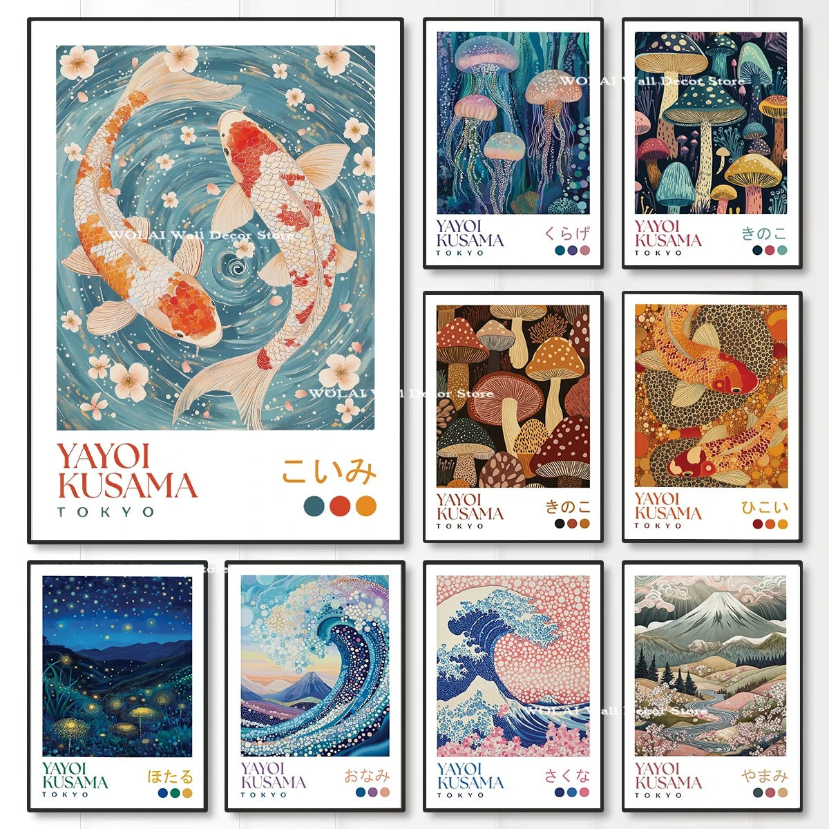 Yayoi Kusama Koi Fish Jellyfish Animal Canvas Prints Japanese Hokusai Giant Wave Wall Art Posters for Living Room Home Decor