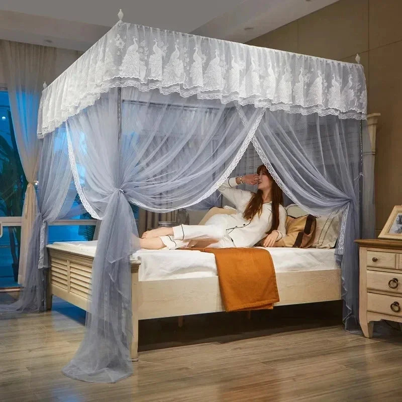 Decorbites™ Spitzenpalast Moskitonetz-Zelt für Queen-/Doppelbett mit Edelstahlrahmen