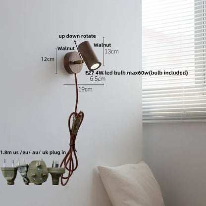 DecorBites™ LED Walnut Wood Wall Light Fixture Clear Glass Sconce Bedside Lamp