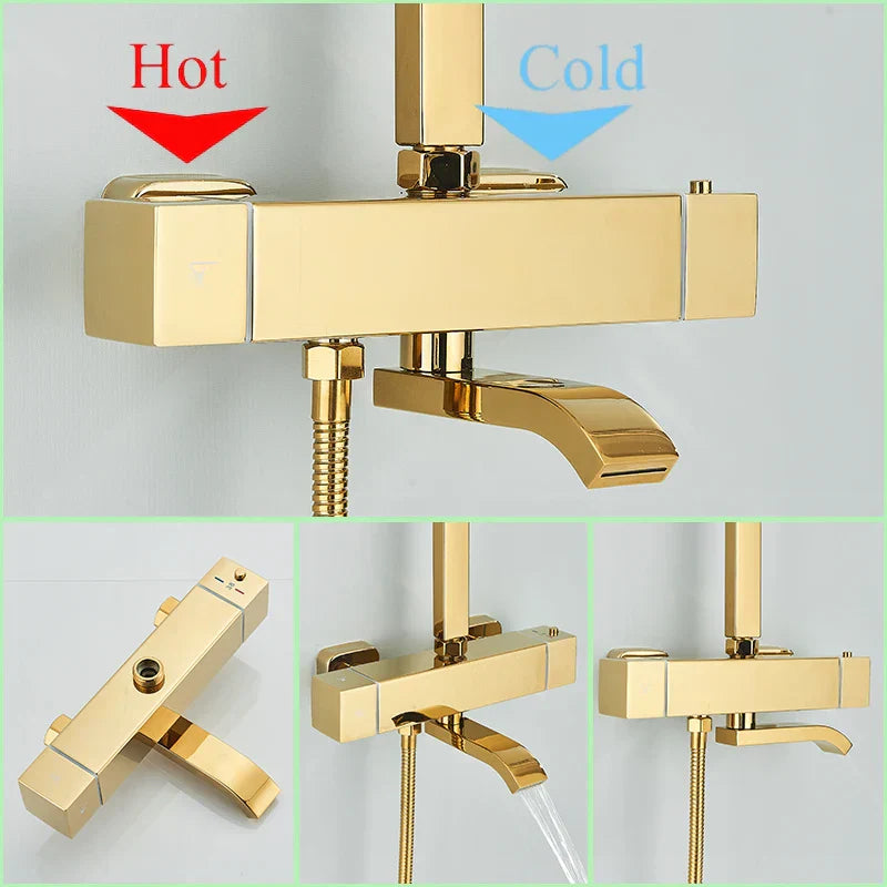 Decorbites™ Golden Thermostatisches Duscharmatur-Set mit Regendusche-Säule und 3-Wege-Mischer