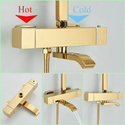 Decorbites™ Golden Thermostatisches Duscharmatur-Set mit Regendusche-Säule und 3-Wege-Mischer