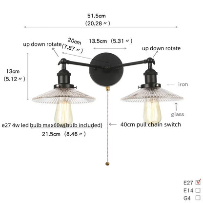 DecorBites™ Industrial LED Wall Light Fixture with Glass Pull Chain Switch - 2 Heads