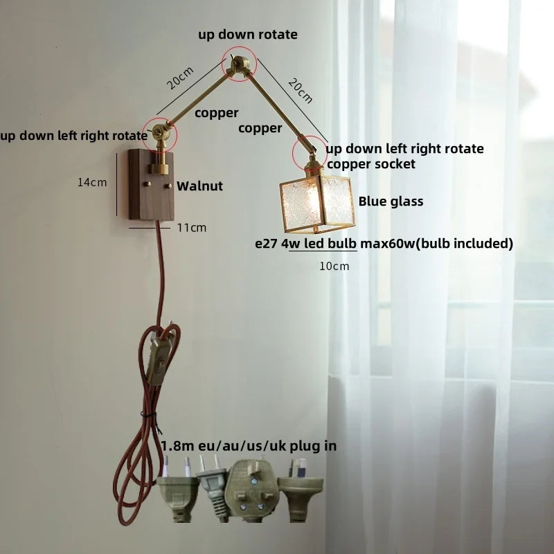 Decorbites™ LED-Wandlampe drehbar Glas Walnuss Schwingarme Flur Treppenlicht